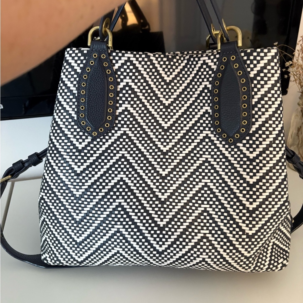 Michael Kors navy and white woven leather Janie satchel